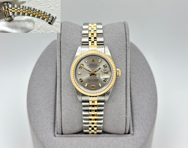 2002 Rolex Ladies Datejust 79173 Silver Arabic Dial 18k Gold Steel Jub