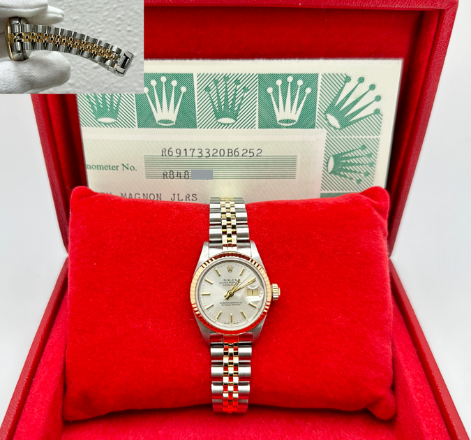 Rolex Datejust Ladies 69173 Silver Dial 18k Yellow Gold Steel Box Pape