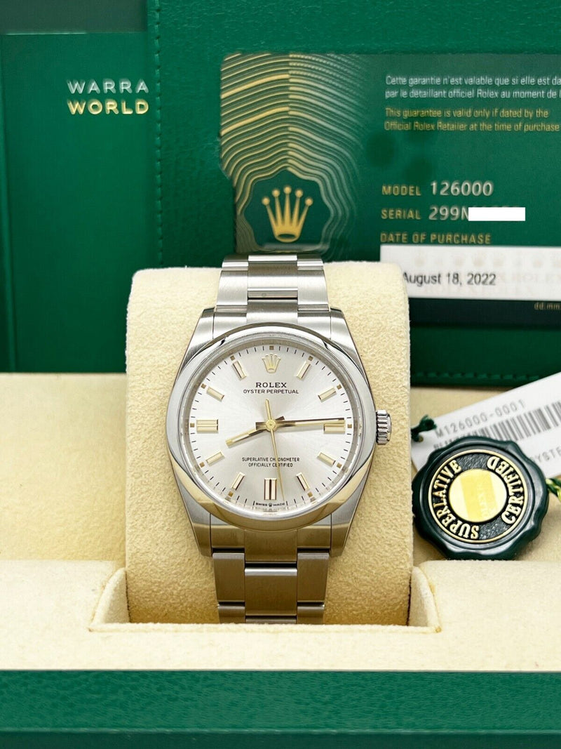 Rolex 126000 Oyster Perpetual 36mm Silver Dial Steel Box Paper Stickers 2022