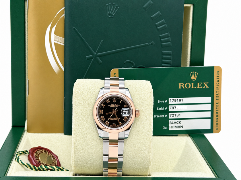 Rolex Lady Datejust 179161 Black Roman Dial 18k Rose Gold Steel Box Pa