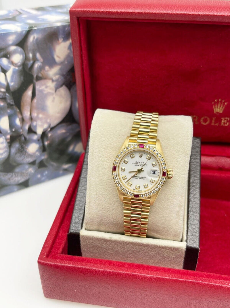 Rolex Ladies President 18K Gold 79068 Rare Factory Ruby Diamond Bezel White Dial