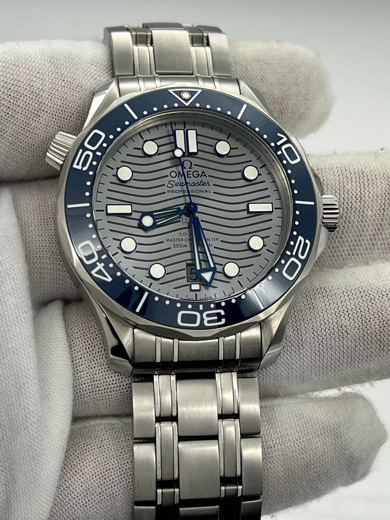 Omega Seamaster 210.30.42.20.06.001 Ceramic Blue Bezel Grey Dial Steel Box Paper