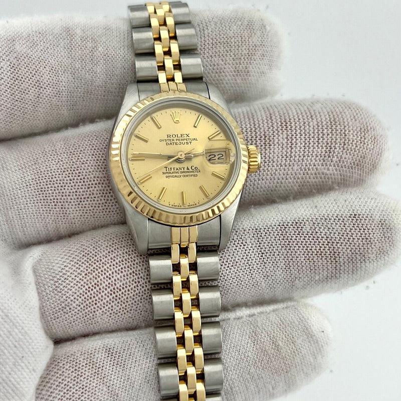 Rolex Ladies Datejust 69173 Tiffany & Co Dial 18K Yellow Gold Steel Box Paper