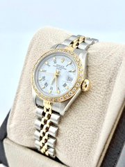 Rolex Date Ladies 69173 White Dial Diamond Bezel 18K Yellow Gold Stainless Steel