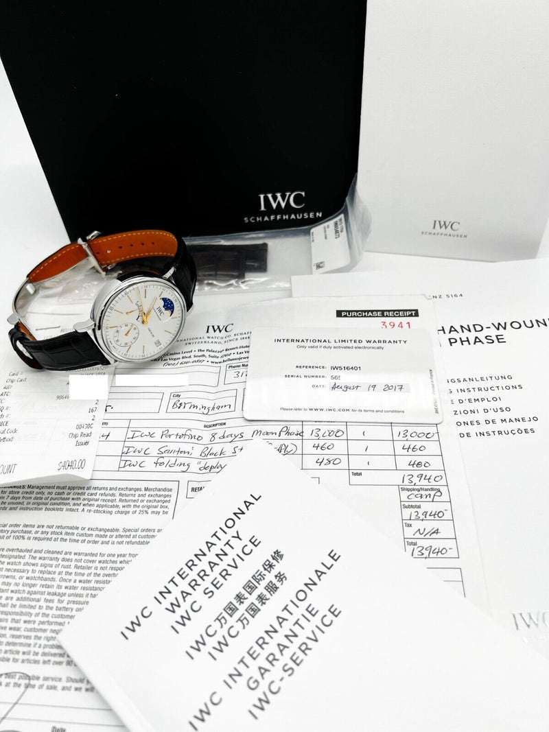 IWC IW516401 Portofino Hand-Wound Moon Phase 45mm Stainless Steel Box Paper