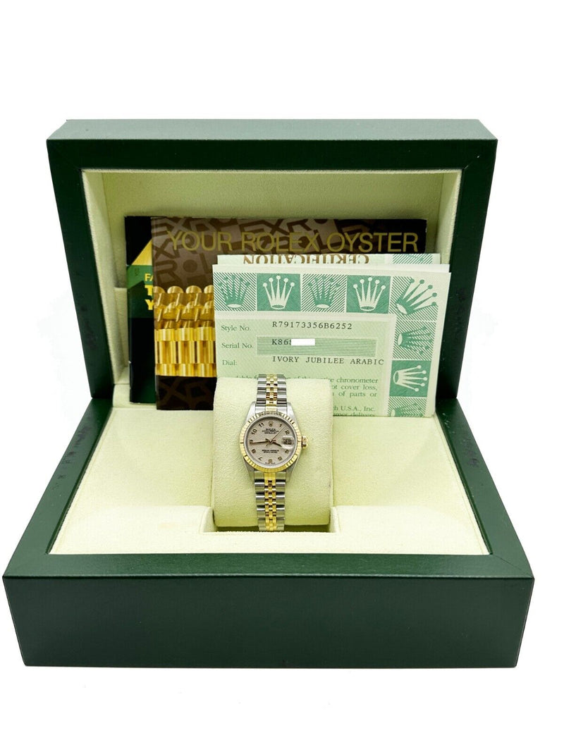 Rolex Ladies Datejust 79173 Ivory Jubilee Arabic Dial 18K Yellow Gold Box Paper