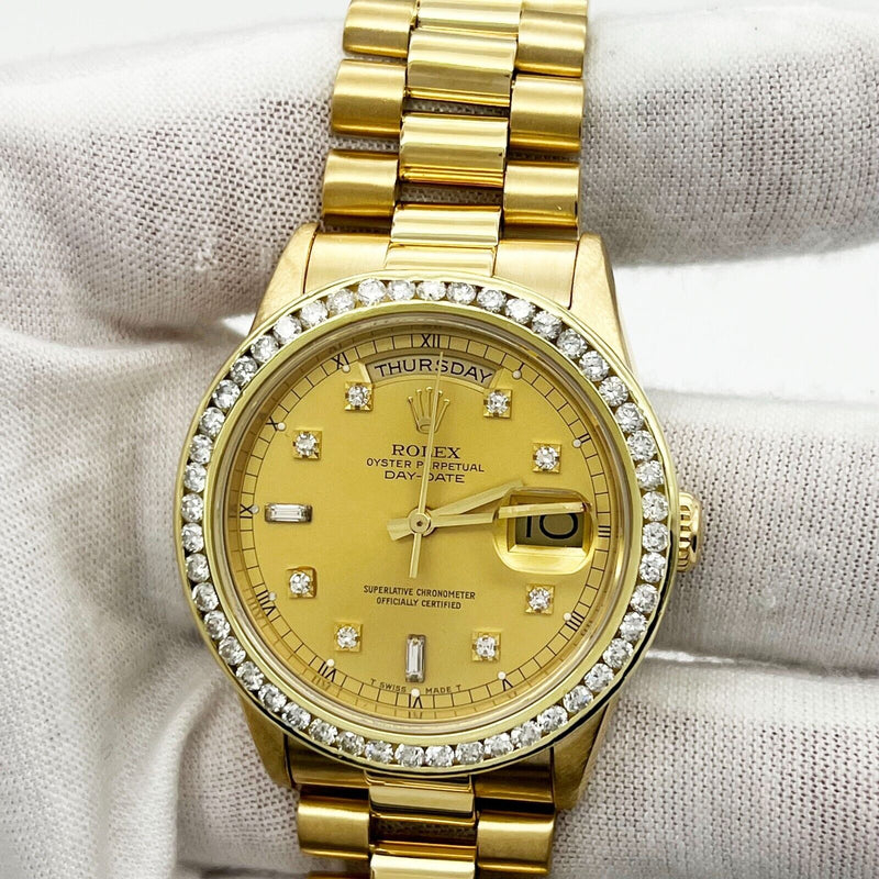 Rolex President Day Date 18238 Diamond Dial Diamond Bezel 18K Yellow Gold 36mm