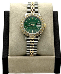 Rolex Ladies Datejust 69173 Diamond Bezel Green Dial 18K Yellow Gold Steel