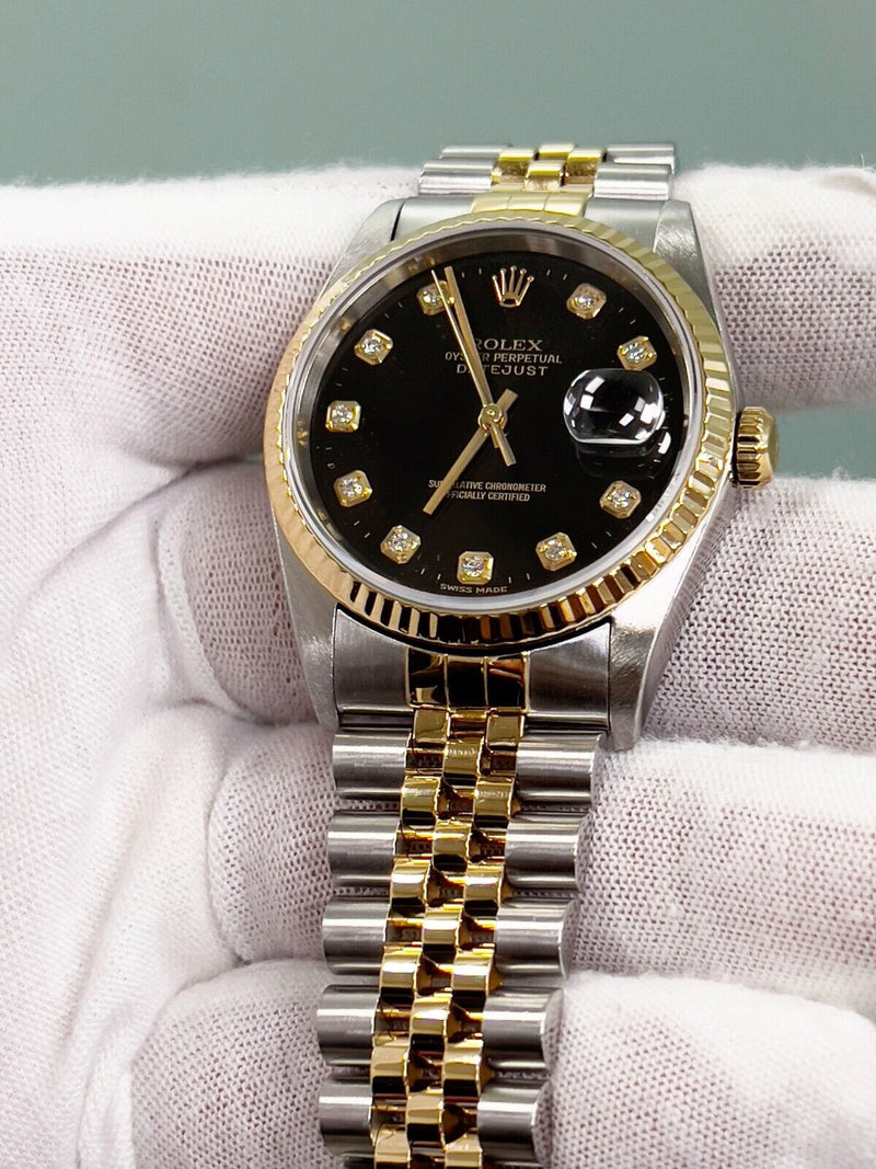 Rolex Datejust 16233 36mm Factory Black Diamond Dial 18K Gold & Steel Box Papers