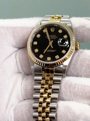 Rolex Datejust 16233 36mm Factory Black Diamond Dial 18K Gold & Steel Box Papers