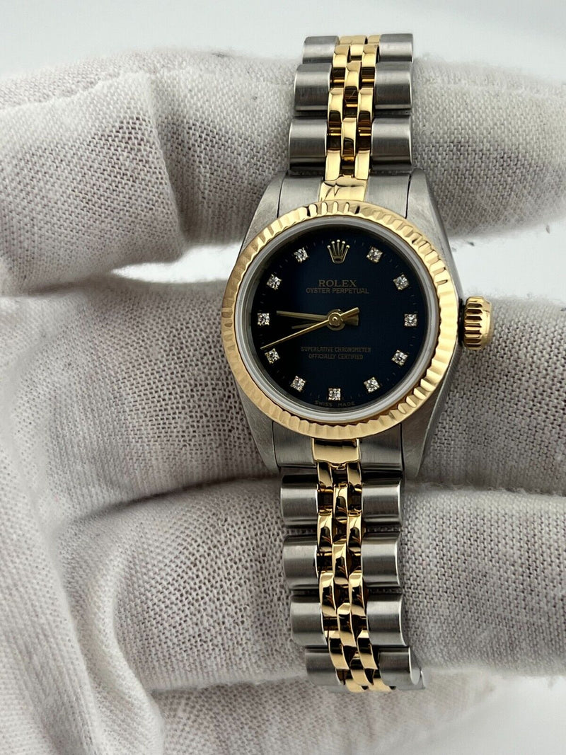 Rolex Oyster Perpetual Ladies 67193 Blue Diamond Dial 18K Gold Steel Box Papers