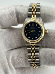 Rolex Oyster Perpetual Ladies 67193 Blue Diamond Dial 18K Gold Steel Box Papers