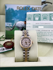 Rolex Ladies Datejust 69173 Pyramid Dial 18K Yellow Gold Steel Box Paper 26mm