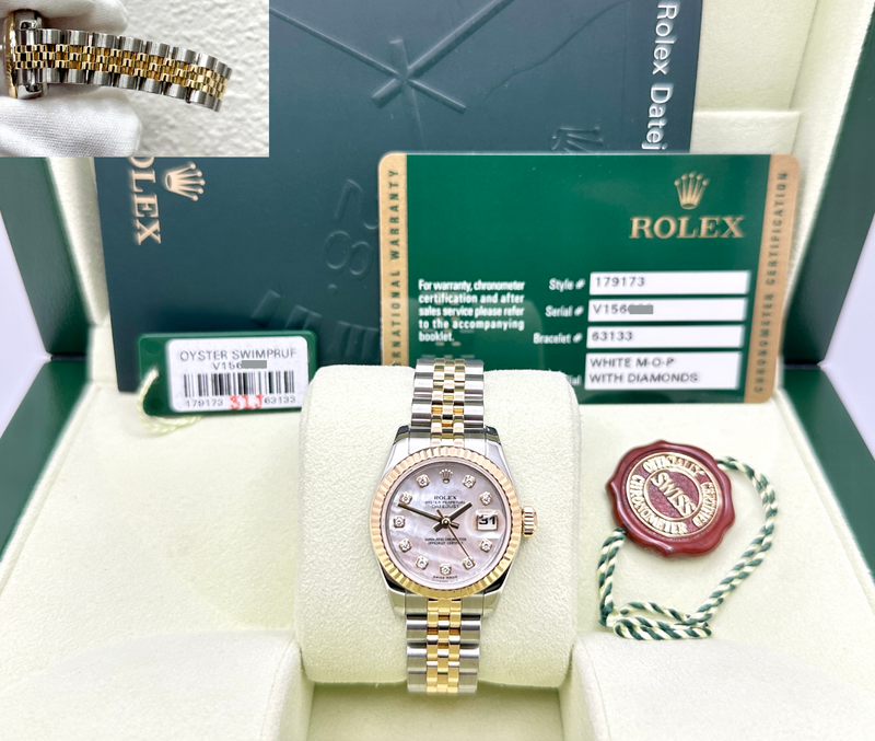 Rolex Ladies Datejust 179173 MOP Diamond Dial 18k Yellow Gold Steel Bo