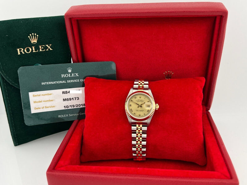 Rolex Ladies Datejust 69173 Champagne Roman Dial 18K Gold Steel Service Card