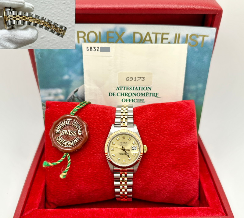 ROLEX 69173 空箱&ギャランティ Rolex Ladies Datejust 69173 Champagne Diamond Dial 18k Gold Steel Box