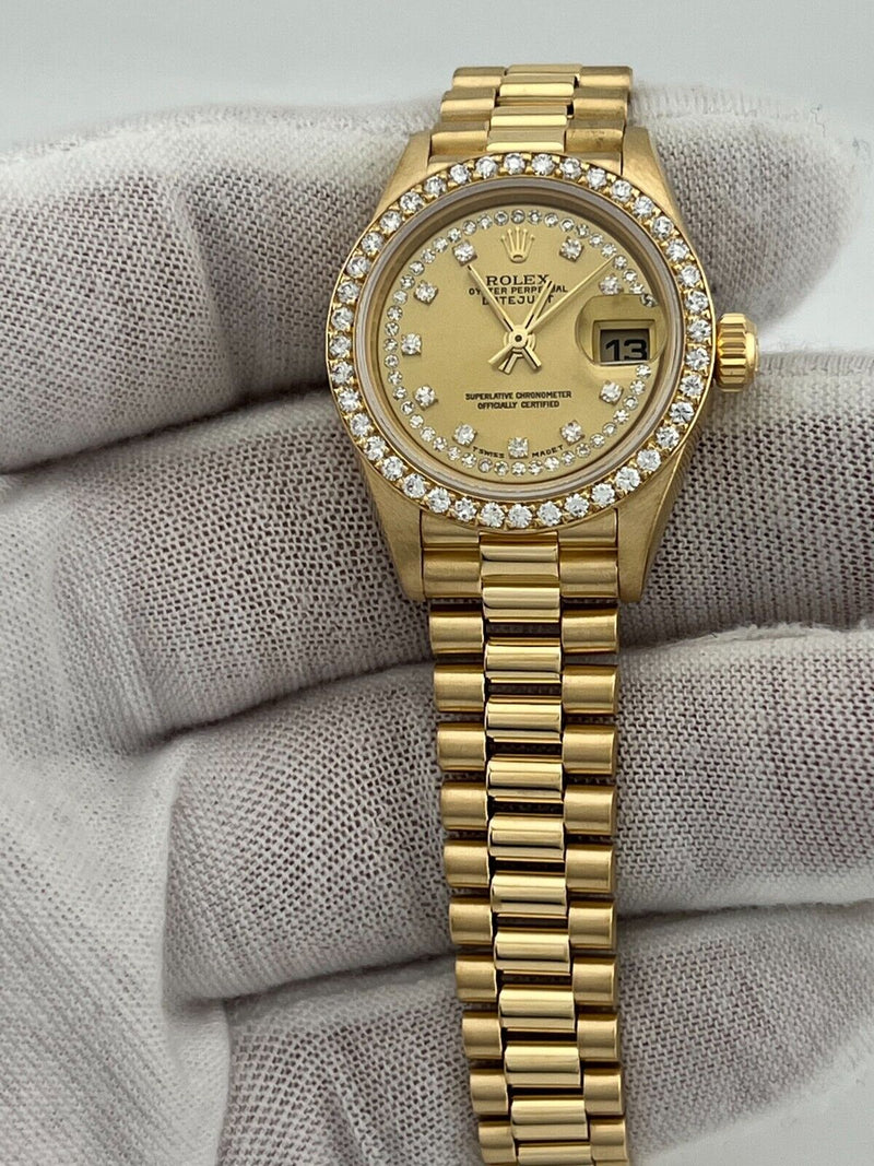 Rolex Ladies President 69138 String Dial Diamond Bezel 18K Yellow Gold Box Paper