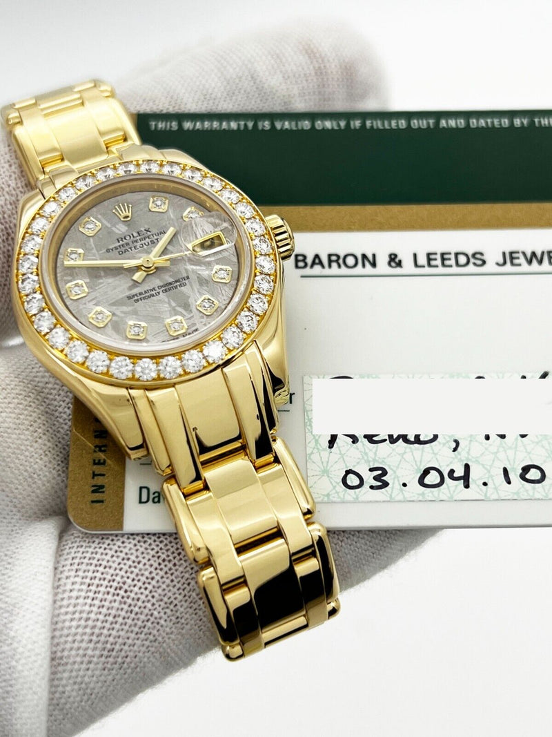 Rolex 80298 Ladies Pearlmaster Meteorite Dial Diamond 18K Yellow Gold Box Paper