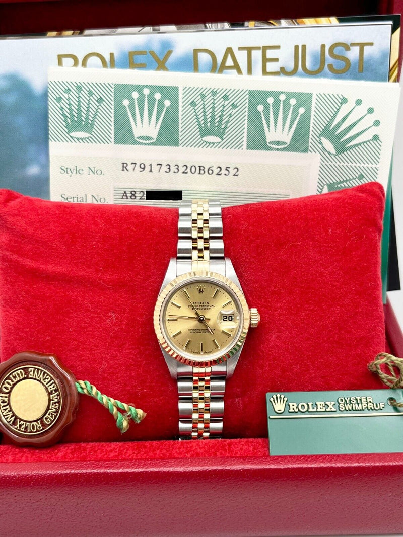 Rolex Ladies Datejust 79173 Champagne Dial 18K Yellow Gold Box Paper