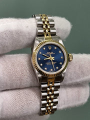 Rolex Oyster Perpetual Ladies 67193 Blue Diamond Dial 18K Gold Steel Box Papers