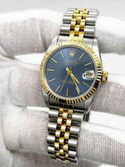 Rolex 68273 Midsize 31mm Datejust Blue Dial 18K Yellow Gold Stainless Box Paper