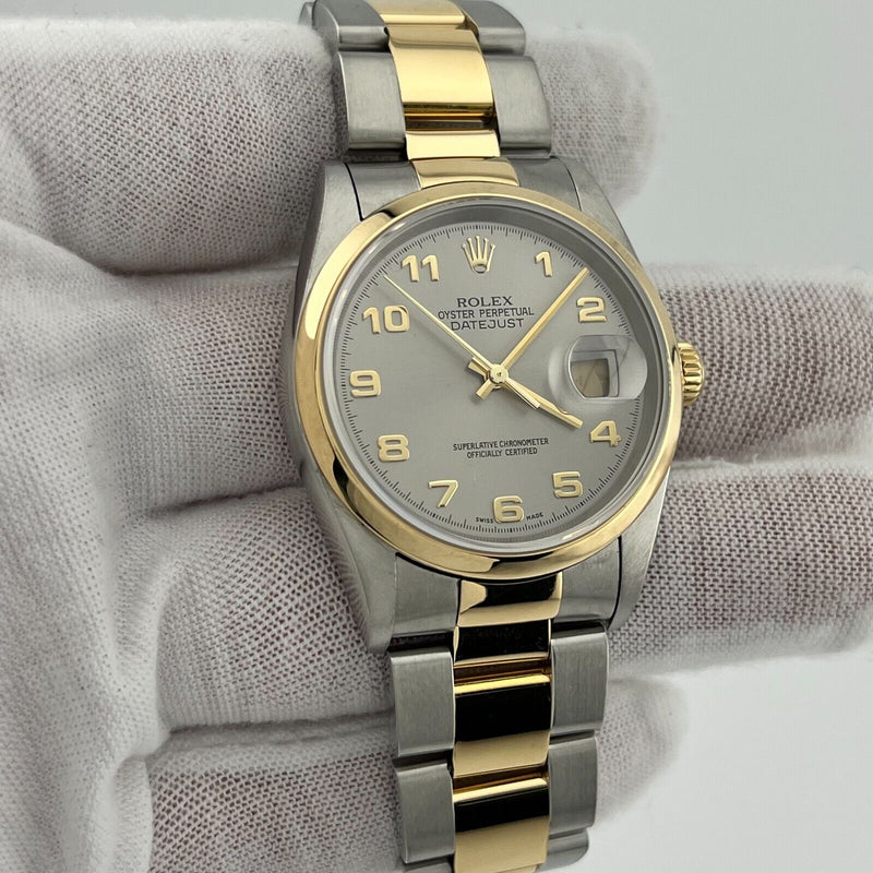 Rolex Datejust 16203 Silver Arabic Dial 18K Yellow Gold Steel Box Paper 2003