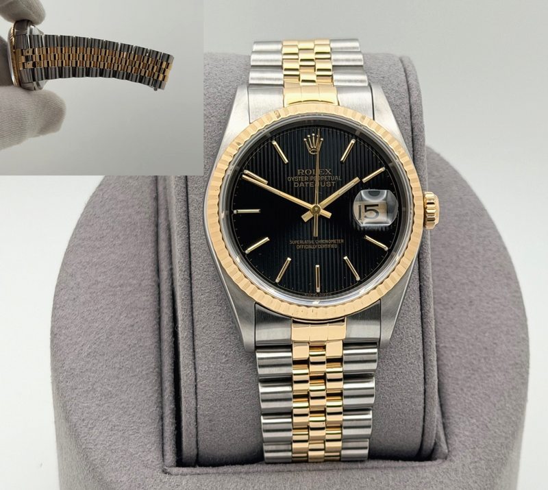 Rolex Datejust 16233 36mm Black Tapestry Dial 18k Yellow Gold Stainles
