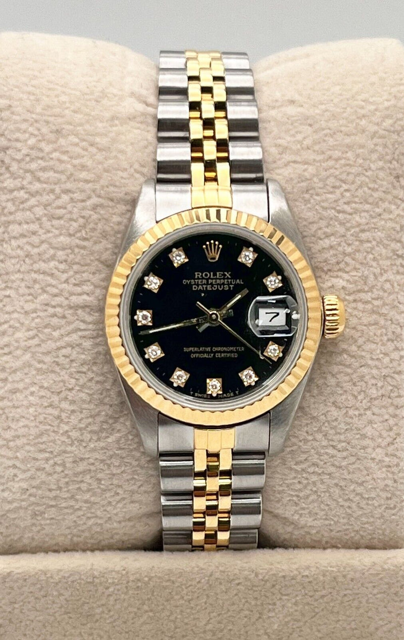 Rolex Datejust Ladies 69173 Black Diamond Dial 18K Yellow Gold Stainless Steel