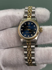 Rolex Oyster Perpetual Ladies 67193 Blue Diamond Dial 18K Gold Steel Box Papers