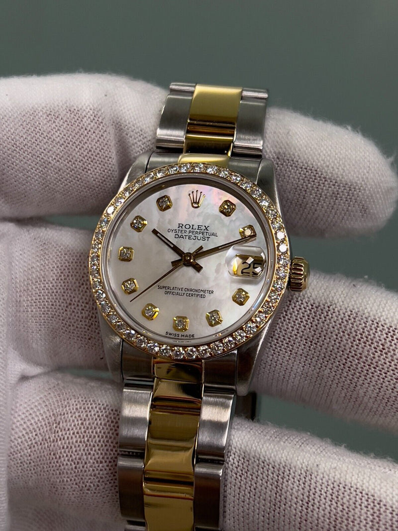 Rolex 68273 Midsize 31mm Datejust MOP Diamond Dial Diamond Bezel 18K Gold Steel