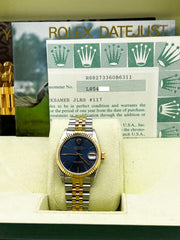 Rolex 68273 Midsize 31mm Datejust Blue Dial 18K Yellow Gold Stainless Box Paper