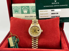 Rolex Ladies President 69138 String Dial Diamond Bezel 18K Yellow Gold Box Paper