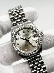 Rolex 178384 Datejust Midsize Silver Diamond Dial Bezel Steel Box Paper 31mm