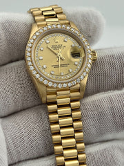 Rolex Ladies President 69138 String Dial Diamond Bezel 18K Yellow Gold Box Paper