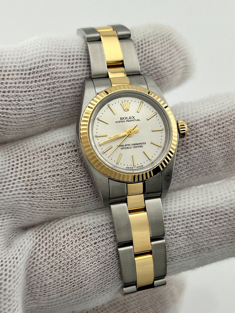 Rolex Ladies Oyster Perpetual 76193 18K Yellow Gold Steel Box Paper 26mm