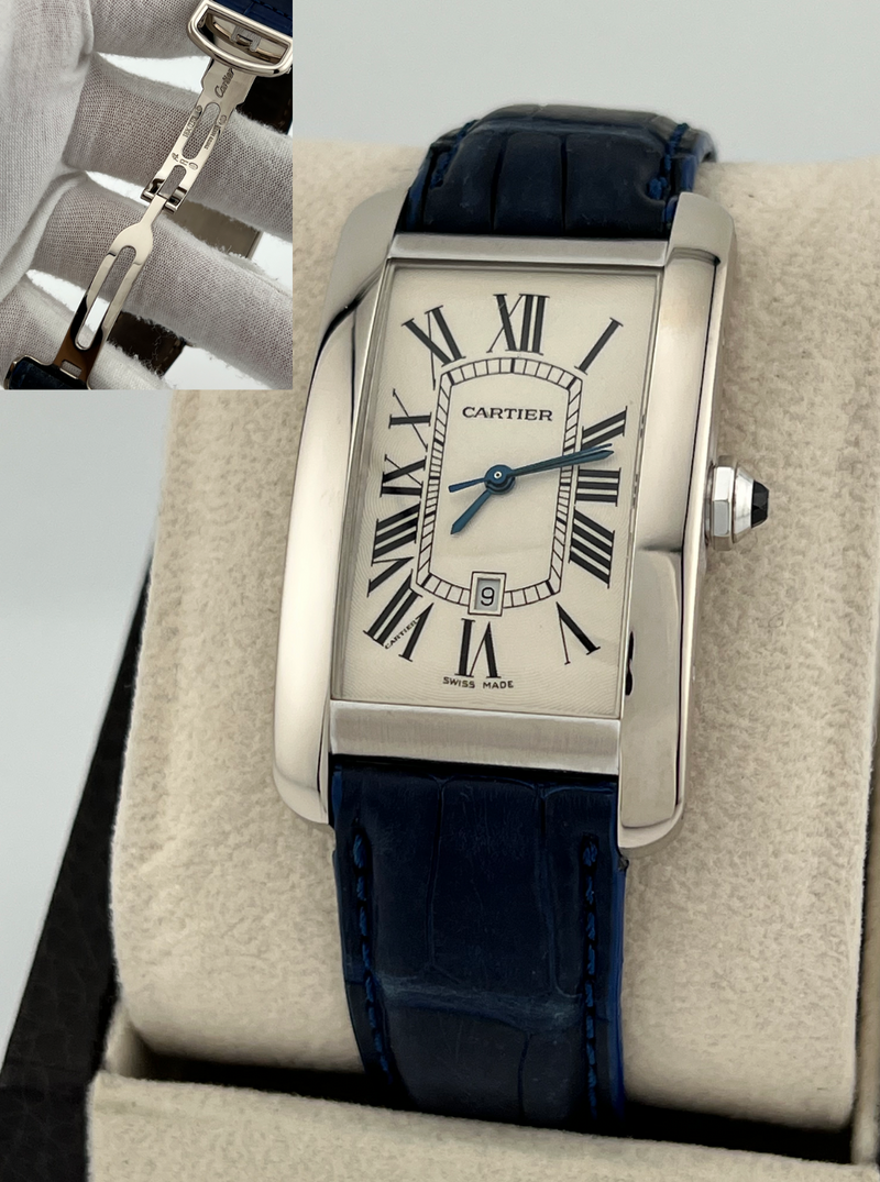 Cartier Tank Americaine Ref 1741  18K White Gold Blue Leather Strap