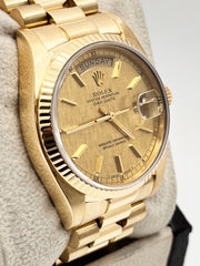 Rolex 18038 President Day Date Champagne Linen Dial 18K Gold Service Paper Mint