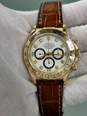 Rolex Daytona 16518 White Diamond Dial  Inverted 6 18K Yellow Gold Leather Band