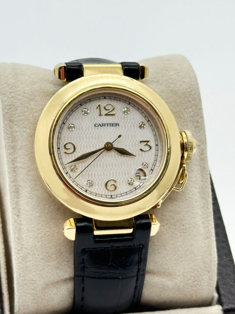 Cartier Pasha 1035 35m MOP Dial 18K Yellow Gold Leather Strap Service Paper