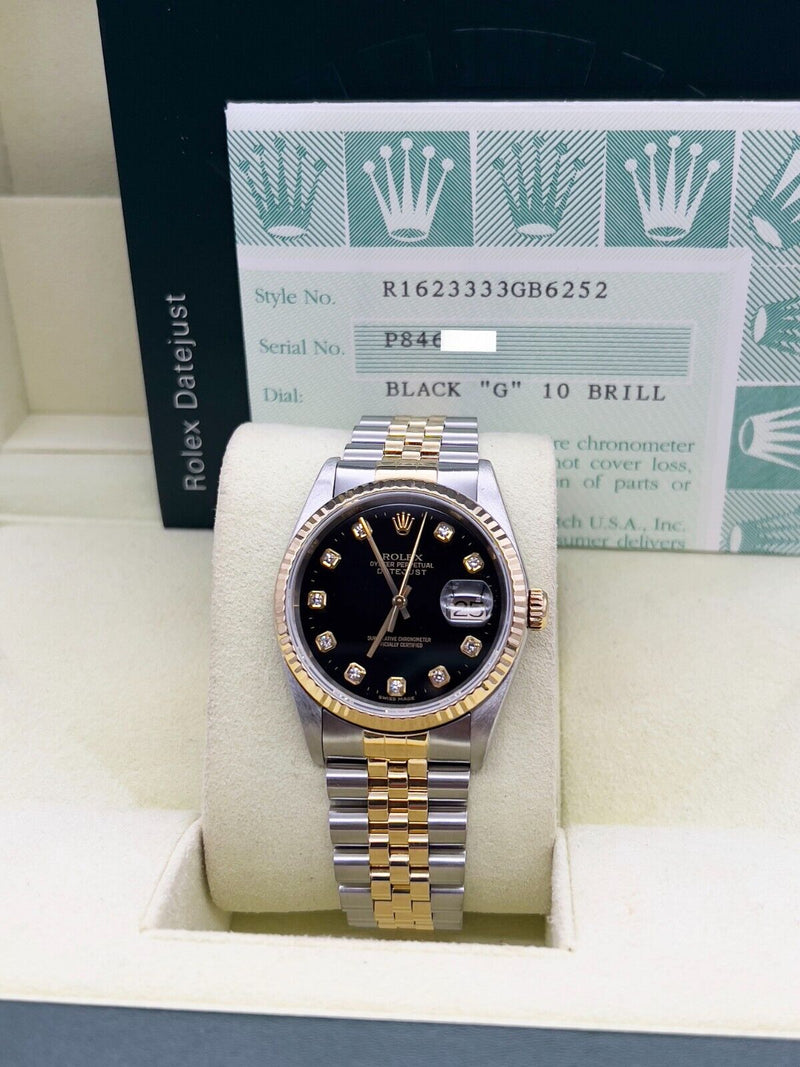 Rolex Datejust 16233 36mm Factory Black Diamond Dial 18K Gold & Steel Box Papers