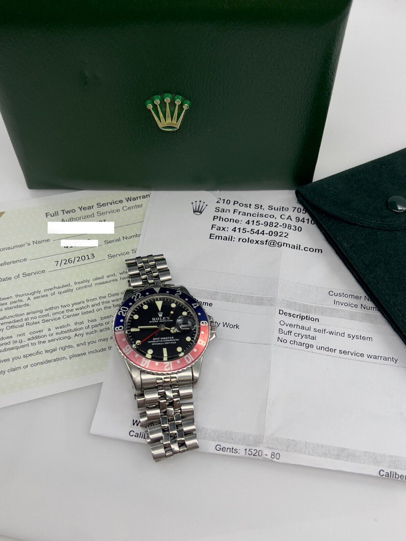 VINTAGE Rolex GMT Master 1675 Pepsi Red Blue Steel Jubilee Box Service Paper