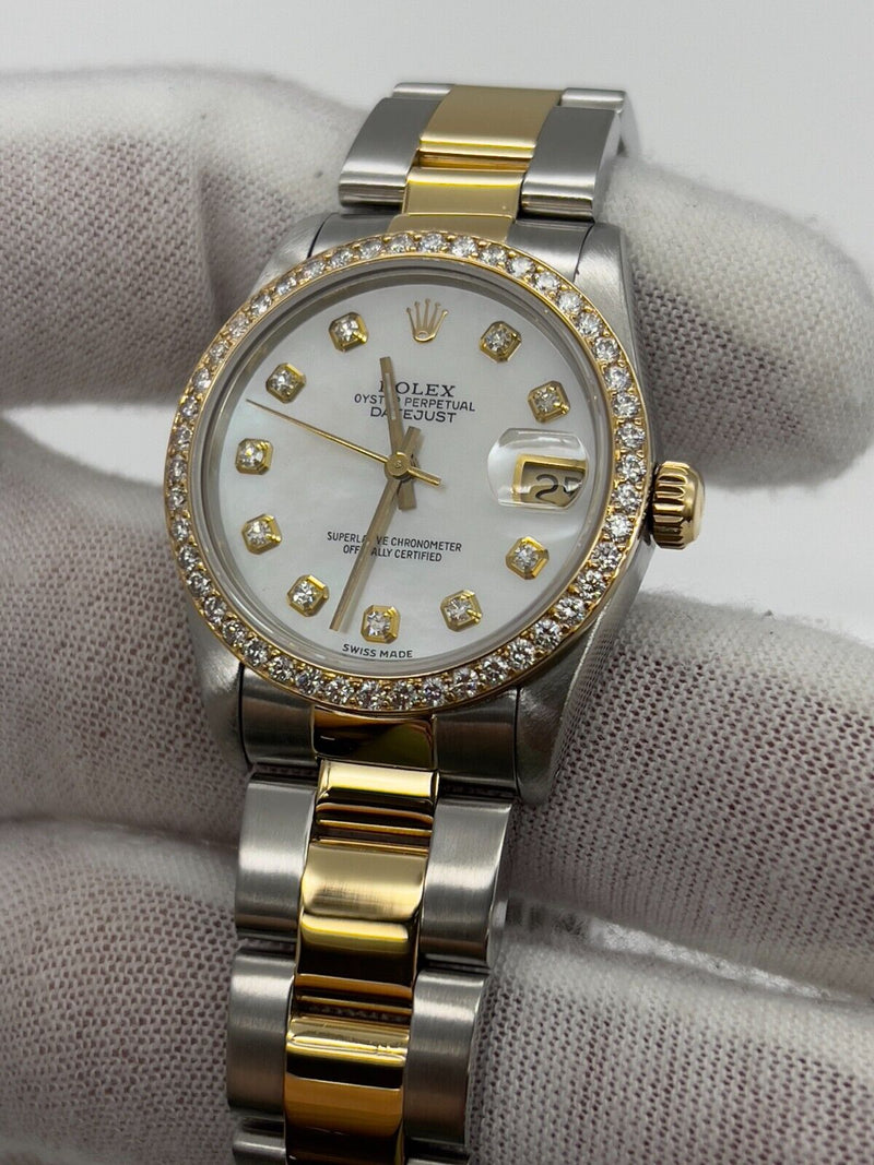 Rolex 68273 Midsize 31mm Datejust MOP Diamond Dial Diamond Bezel 18K Gold Steel