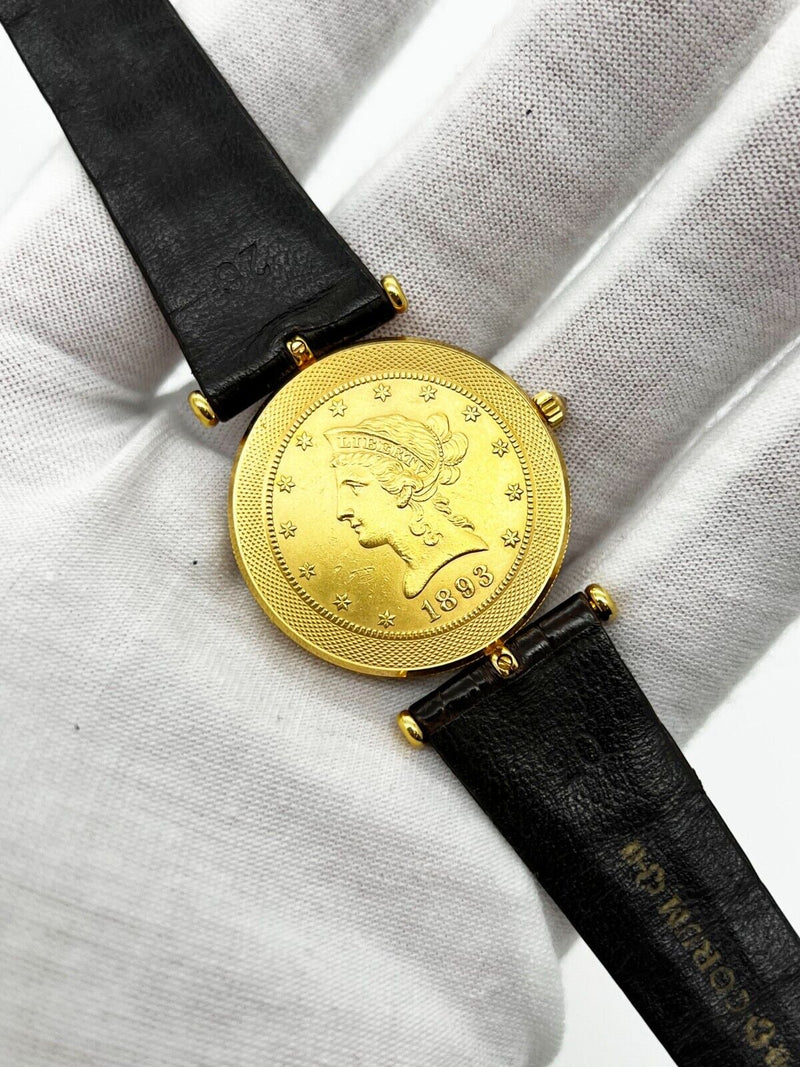 Corum $10 Coin Watch 1893 18K Yellow Gold Leather Strap Travel Pouch Paper