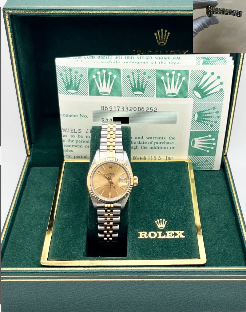 Rolex Ladies Datejust 69173 Champagne Dial 18K Yellow Gold Stainless Box Papers