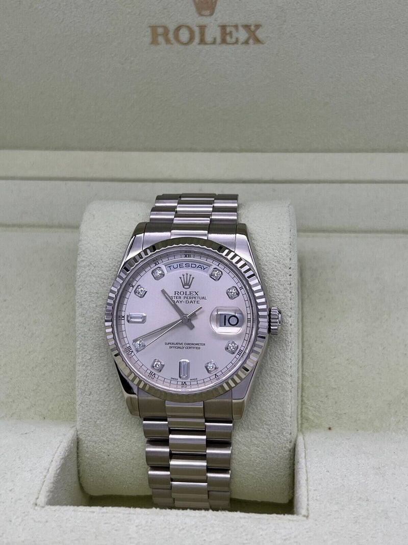 Rolex President Day Date 118239 Silver Diamond Dial 18K White Gold 36mm Box