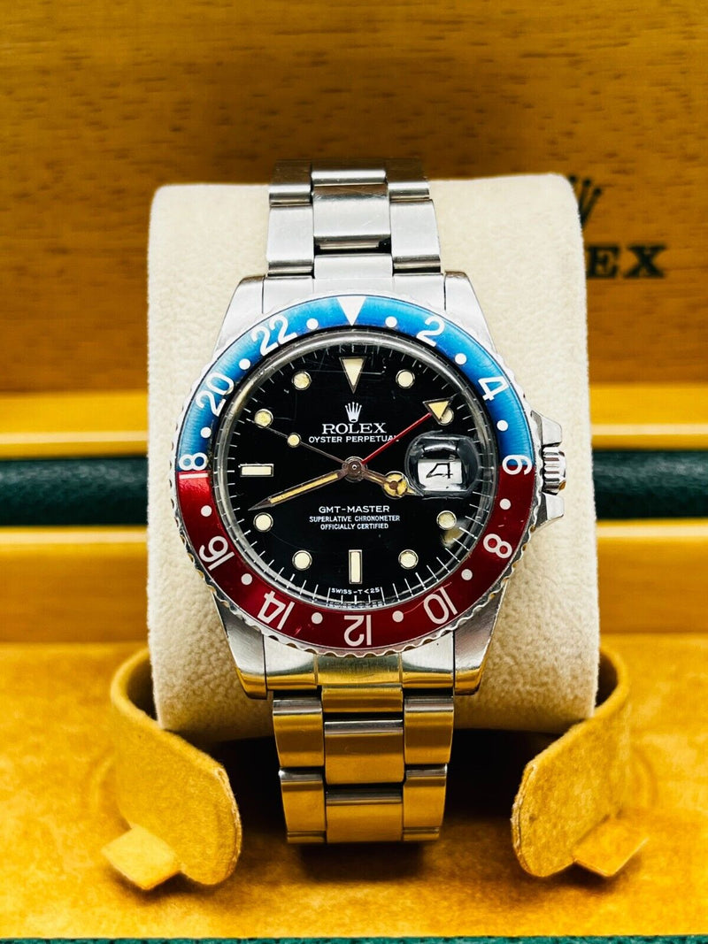 Rare Rolex 16750 GMT Master Pepsi Stainless Steel Original Spider Glossy Dial