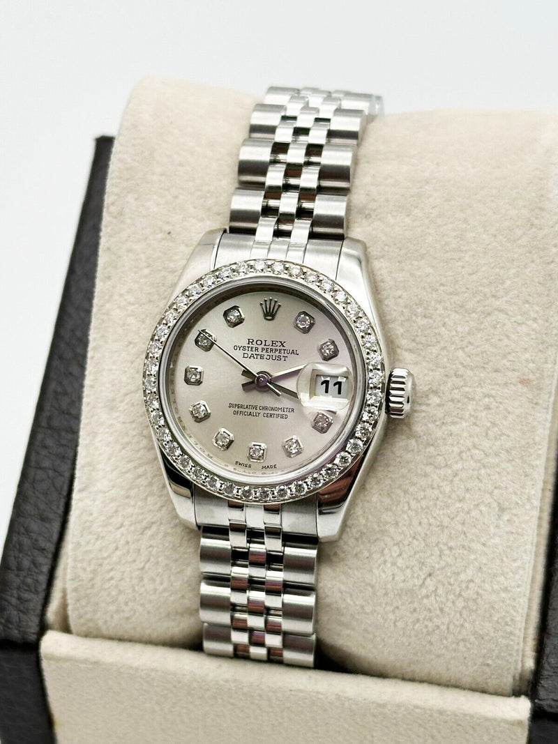 Rolex Ladies Datejust 179160 Silver Diamond Dial Diamond Bezel Stainless Steel