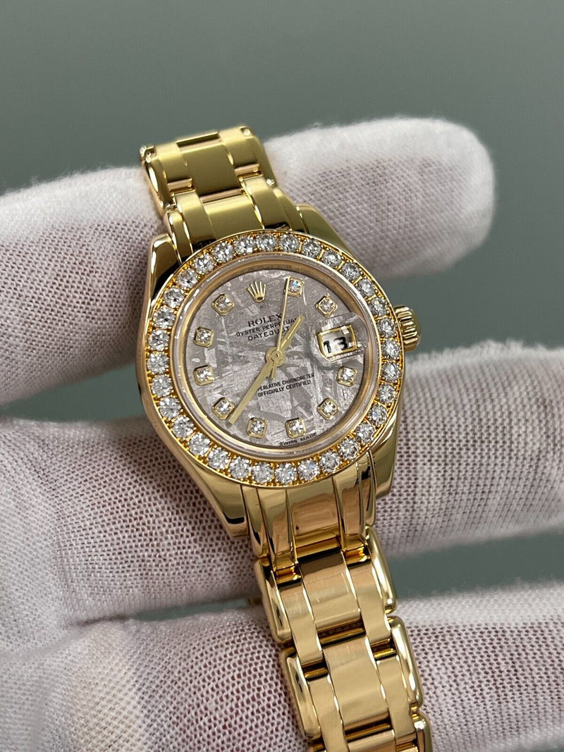 Rolex 80298 Ladies Pearlmaster Meteorite Dial Diamond 18K Yellow Gold Box Paper