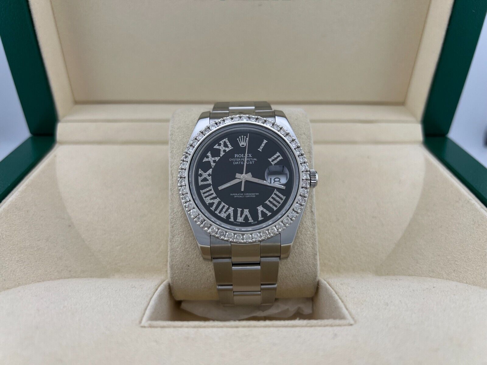 Rolex Datejust II 116334 41mm Black Diamond Roman Numerals Diamond Bez