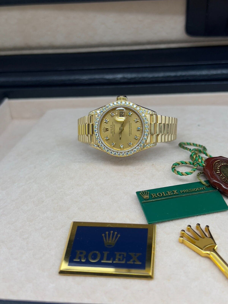 Rolex Ladies President 69158 Factory Diamond Dial Diamond Bezel & Lugs 18K Gold